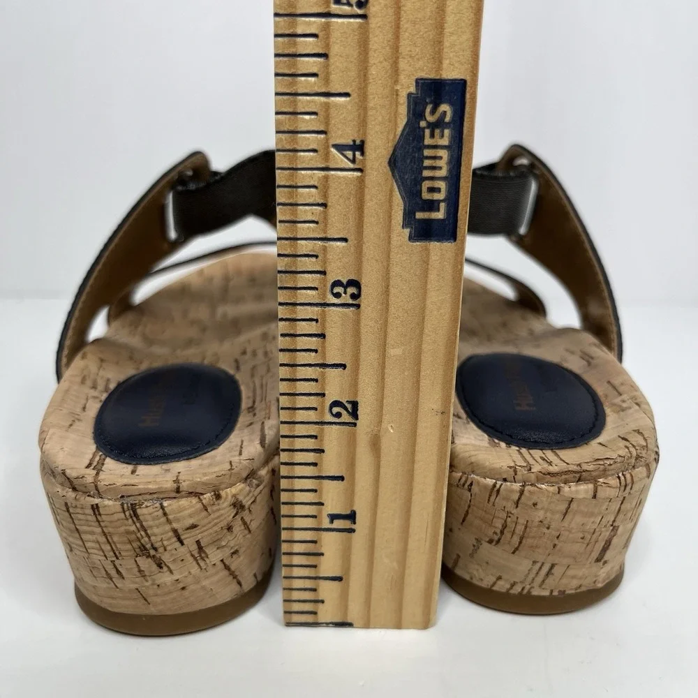 Hush Puppies Bounce Sandals Navy 6.5 M Leather Cork Wedge‎ Heel Stretch Comfort